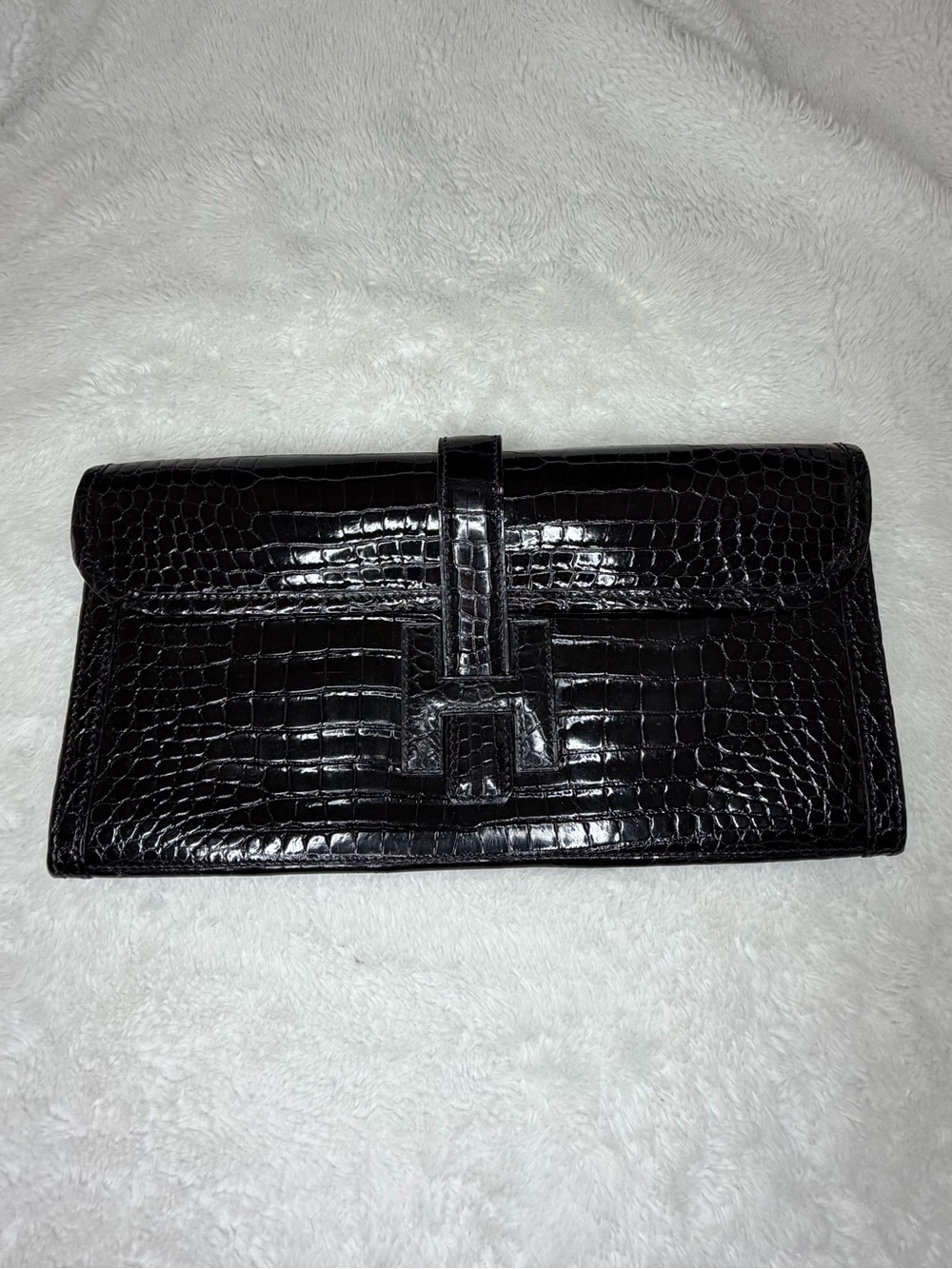 Hermes Black Croc-Embossed Leather Clutch